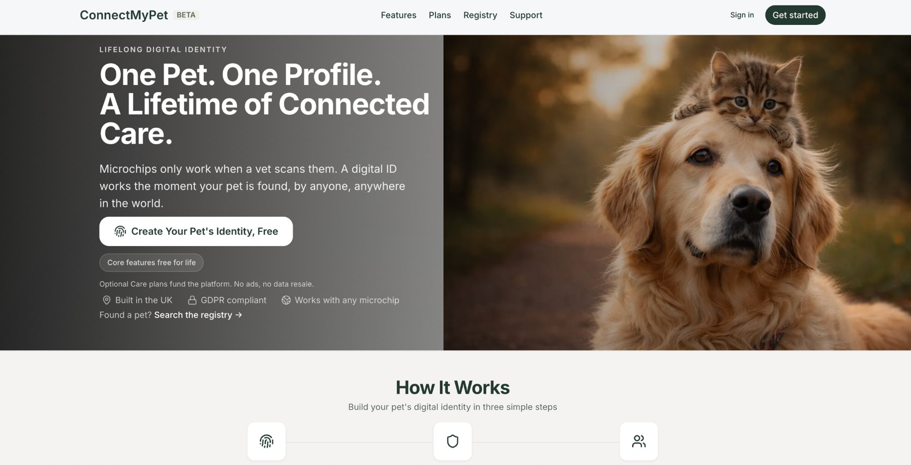 ConnectMyPet public website homepage with pet-identity introduction, dog and cat photograph, and sign-in and registration links.