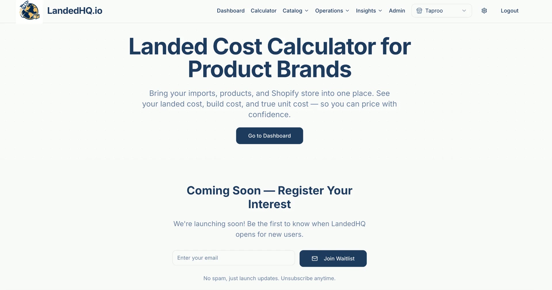 LandedHQ landing page headed “Landed Cost Calculator for Product Brands”, with a Go to Dashboard button and waitlist registration.