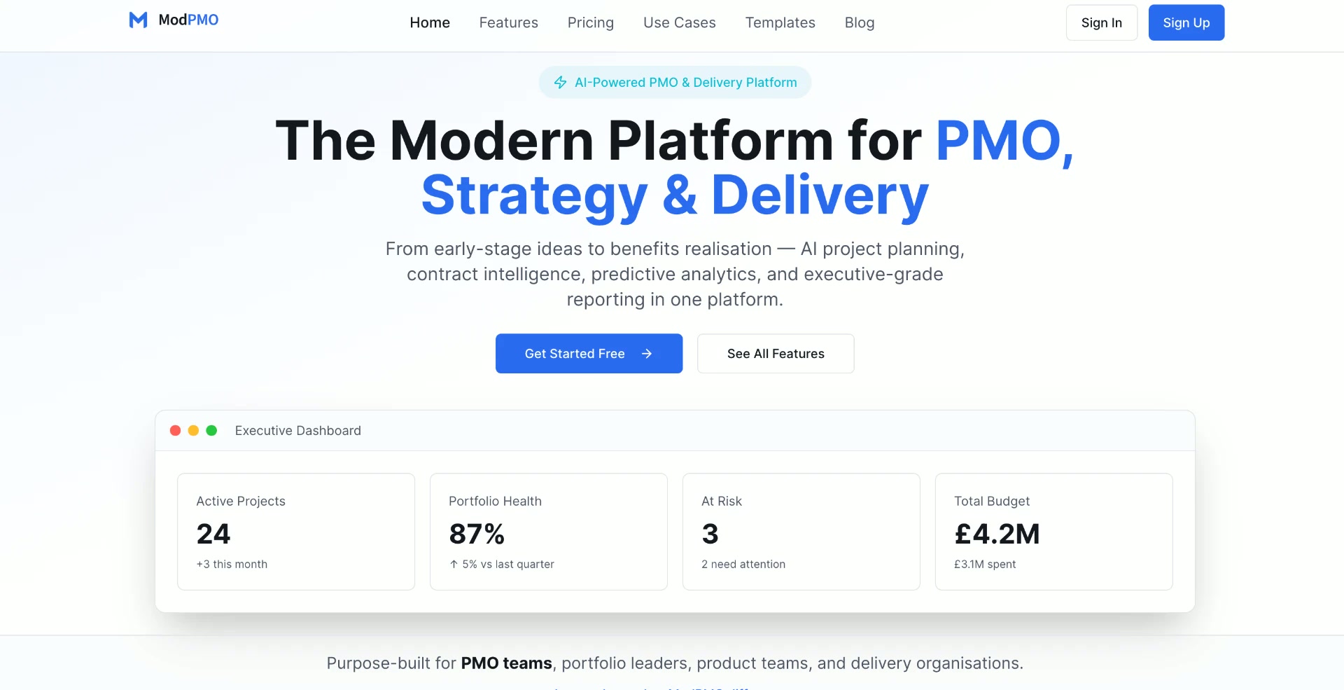 ModPMO website homepage headed “The Modern Platform for PMO, Strategy & Delivery”, with an executive dashboard preview.