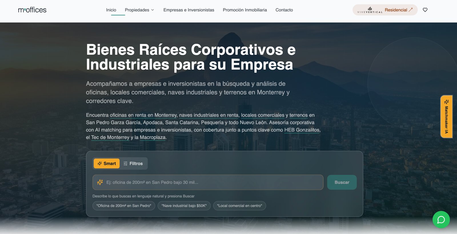 MX Offices public website homepage with commercial property introduction and natural-language property search.